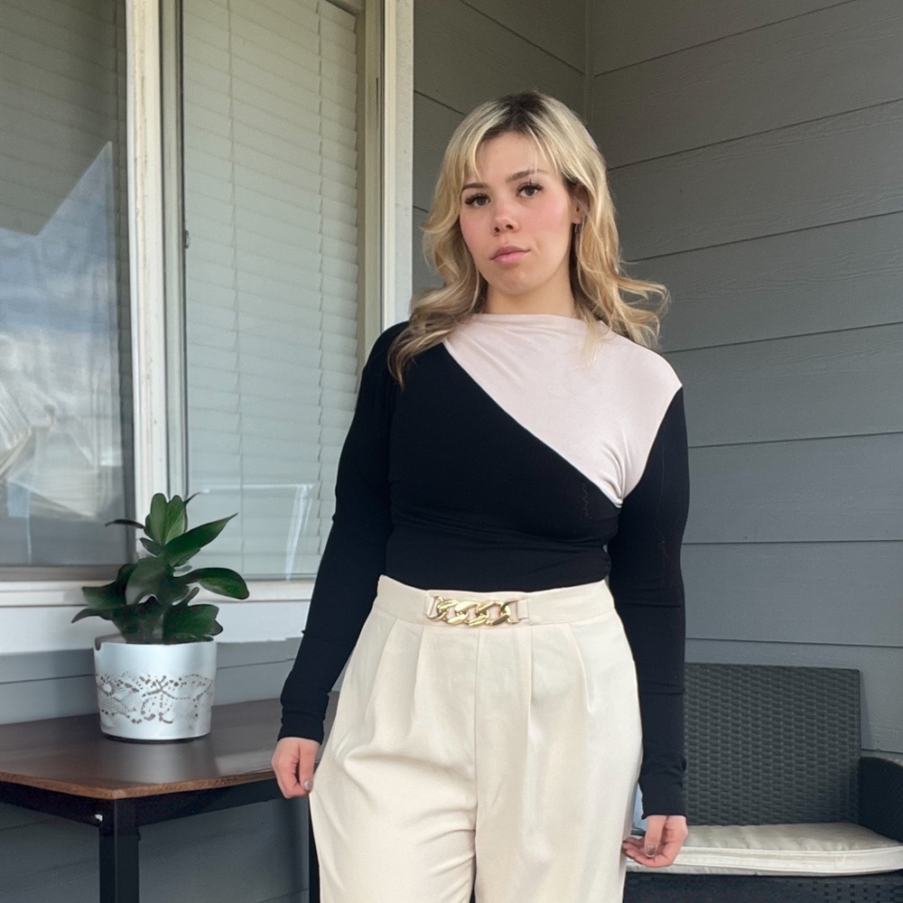 Commense Black and Blush Long Sleeve Colorblock Blouse